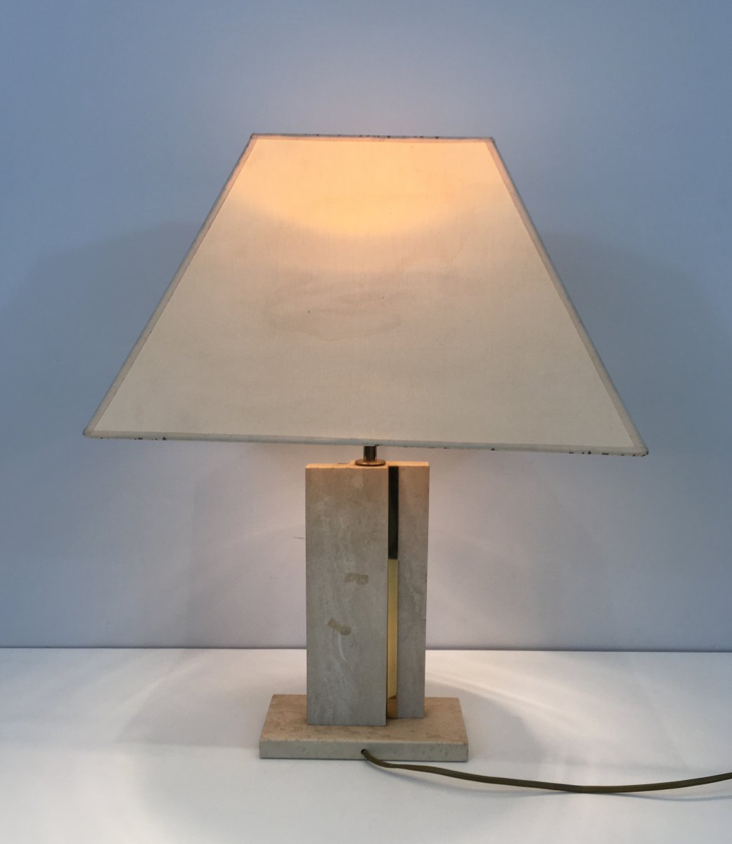 Travertine And Brass Table Lamp With Original Shade. French. Circa 1970-photo-6