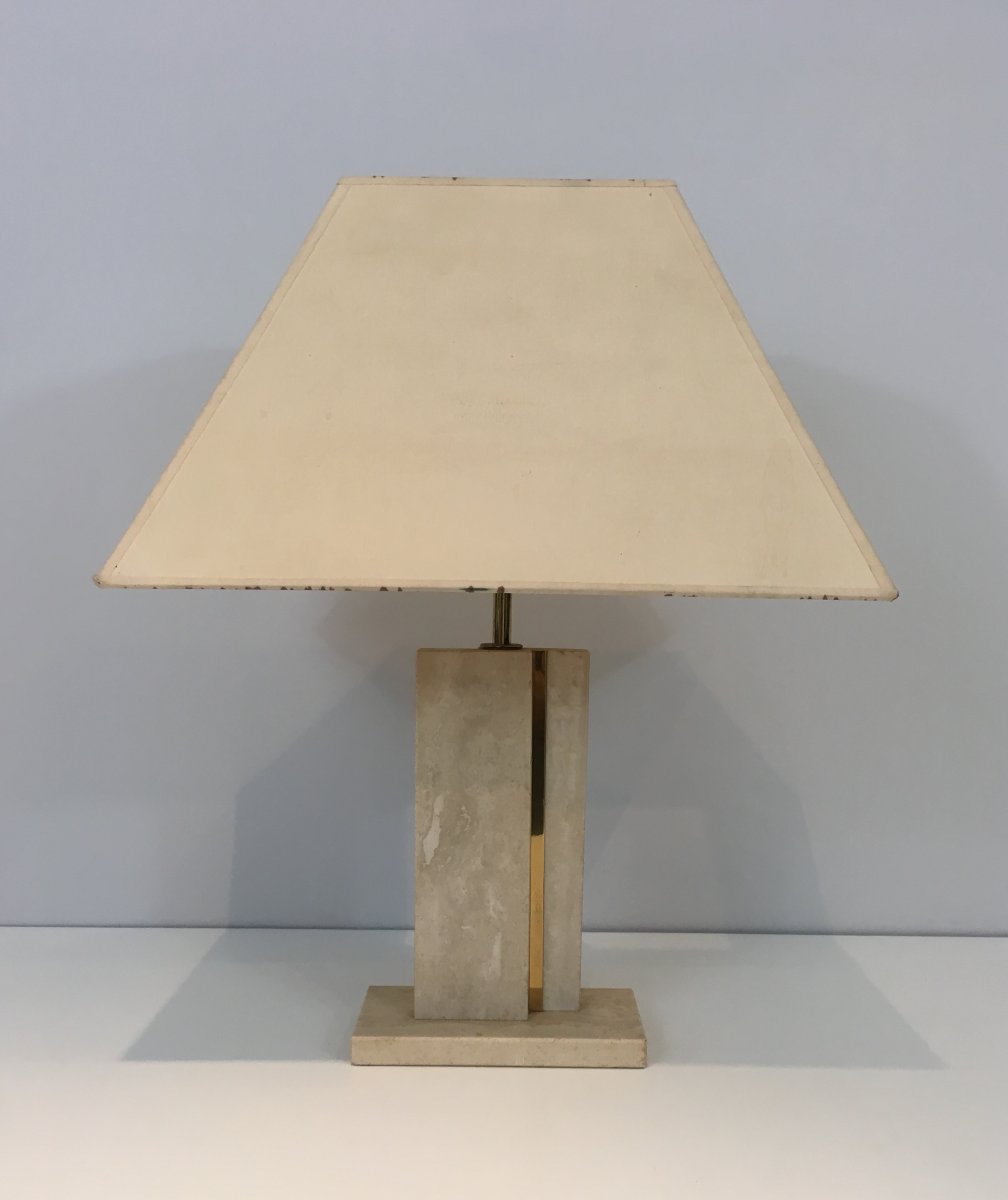 Travertine And Brass Table Lamp With Original Shade. French. Circa 1970-photo-7