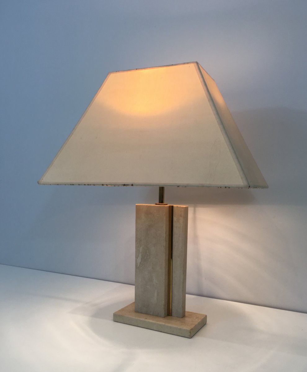 Travertine And Brass Table Lamp With Original Shade. French. Circa 1970-photo-8