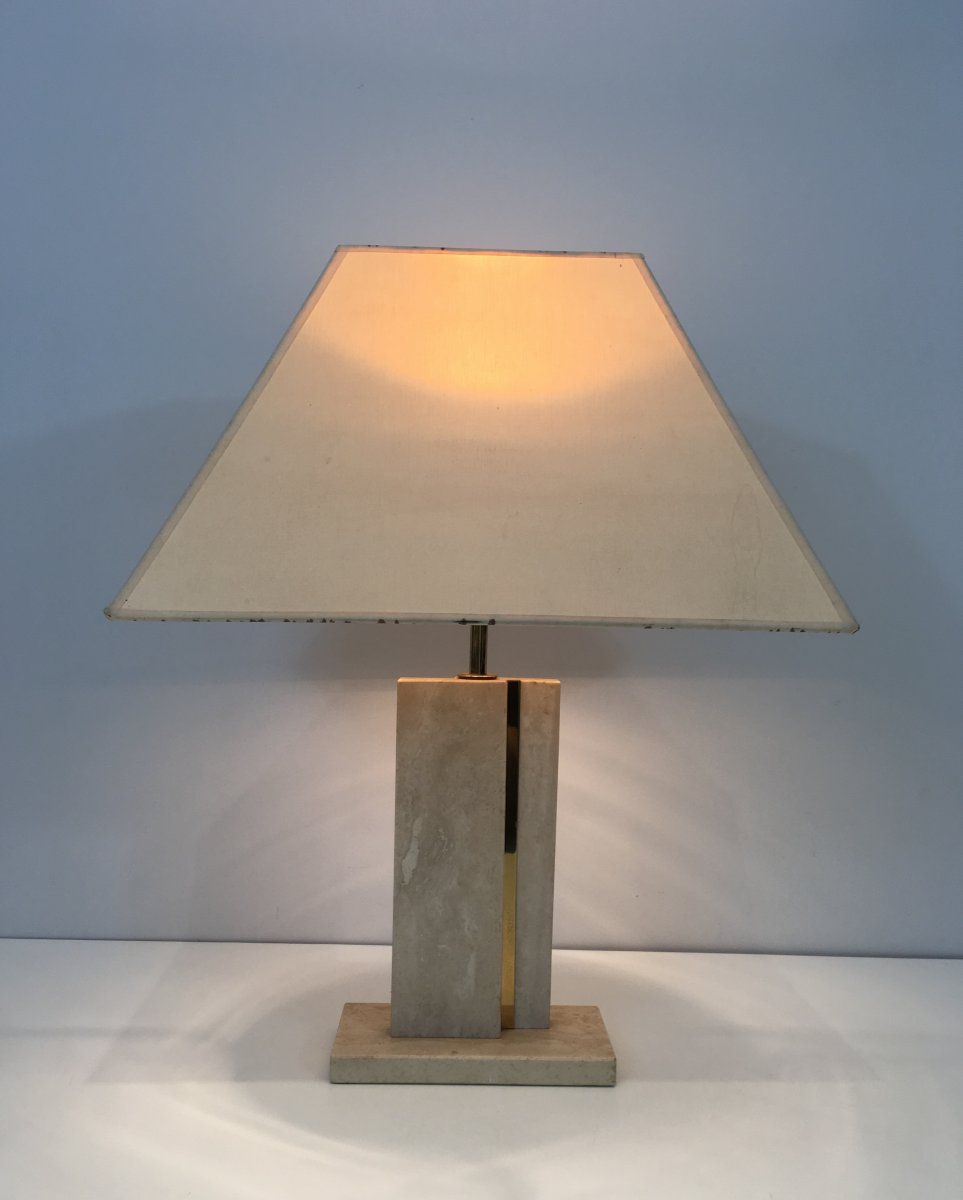 Lampe En Travertin Et Laiton à Abat-jours d'Origine. Vers 1970