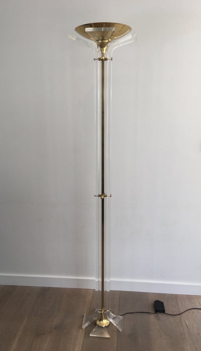 Rare Plexiglass And Gilt Brass Floor Lamp. Italy. Circa 1970-photo-8
