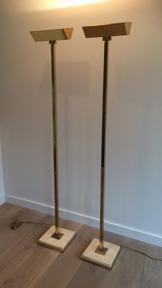 Pair Of Brass Floor Lamps On Travertine Base. French. Circa 1970