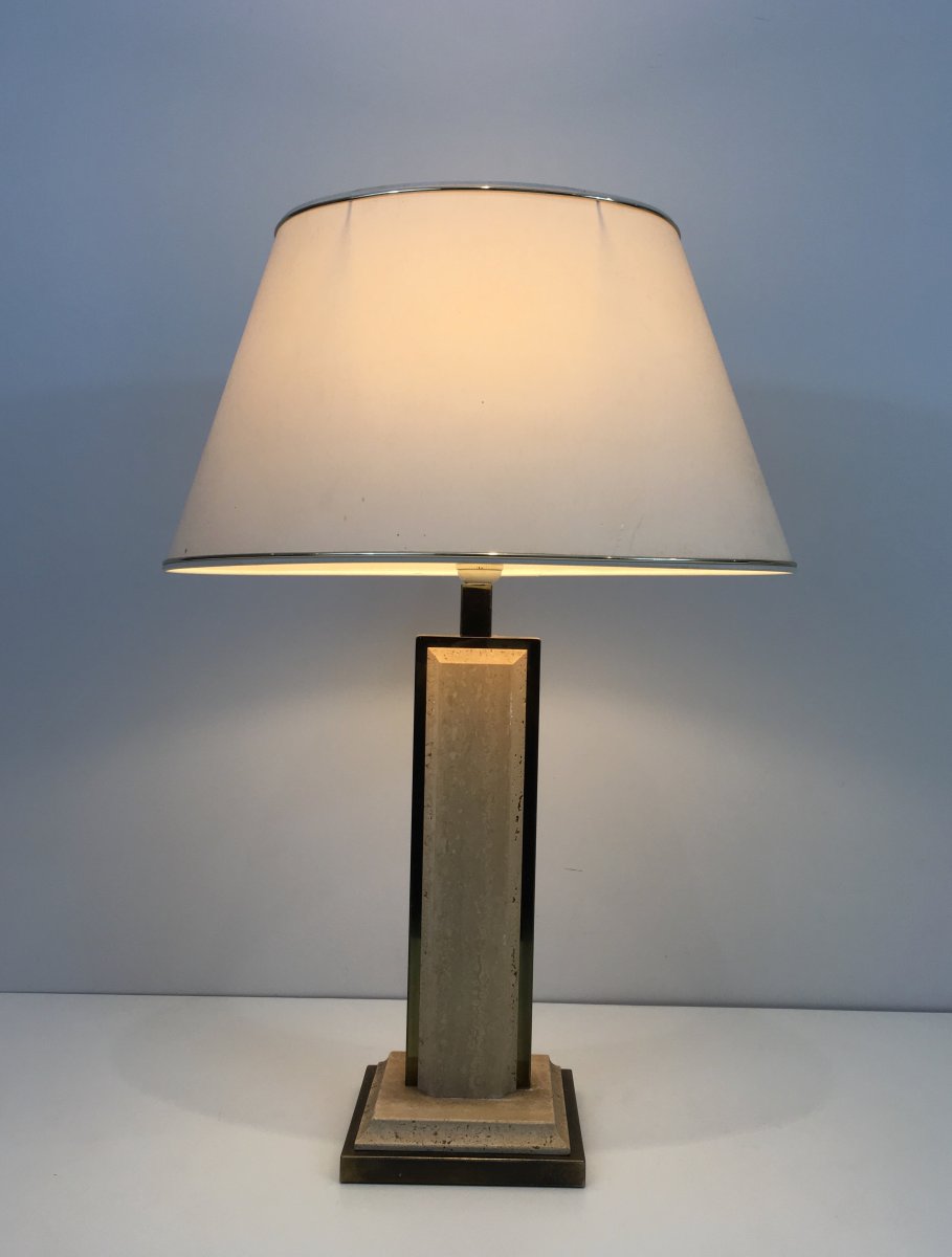 Travertine And Gilt Chrome Table Lamp. French. Circa 1970-photo-2