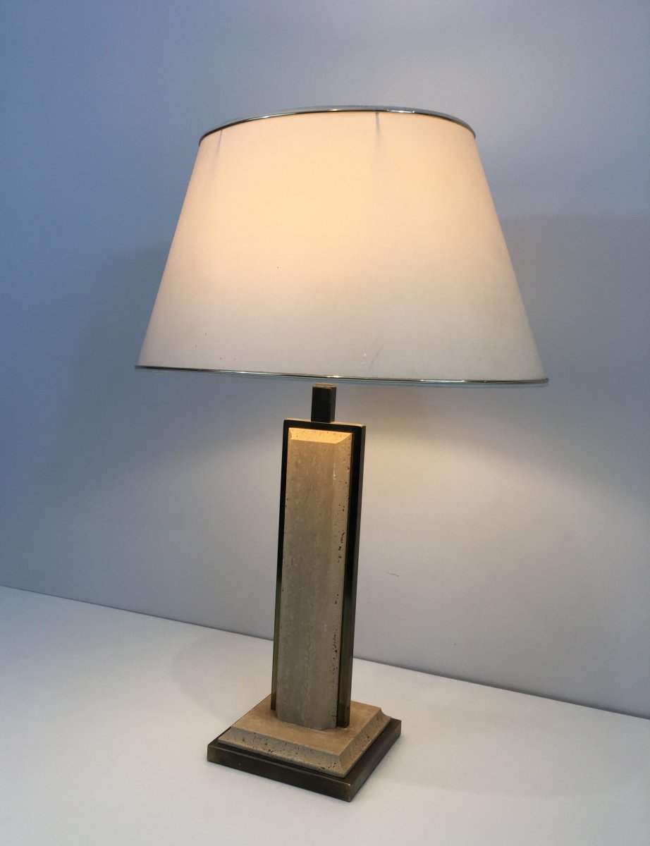 Travertine And Gilt Chrome Table Lamp. French. Circa 1970-photo-3