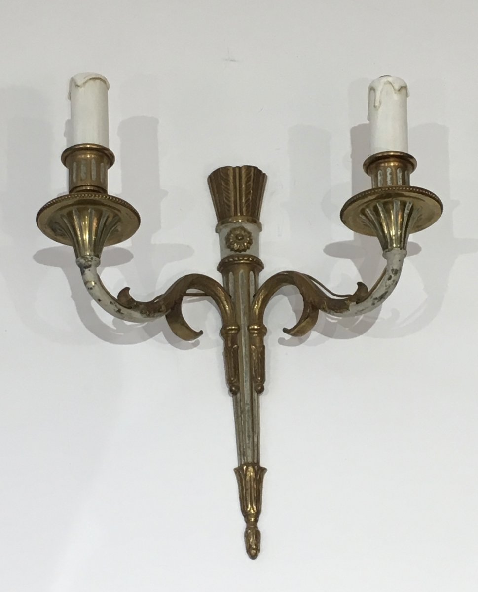 Pair Of Louis The 16th Bronze And White Painted Wall Sconces. French. Circa 1940-photo-2