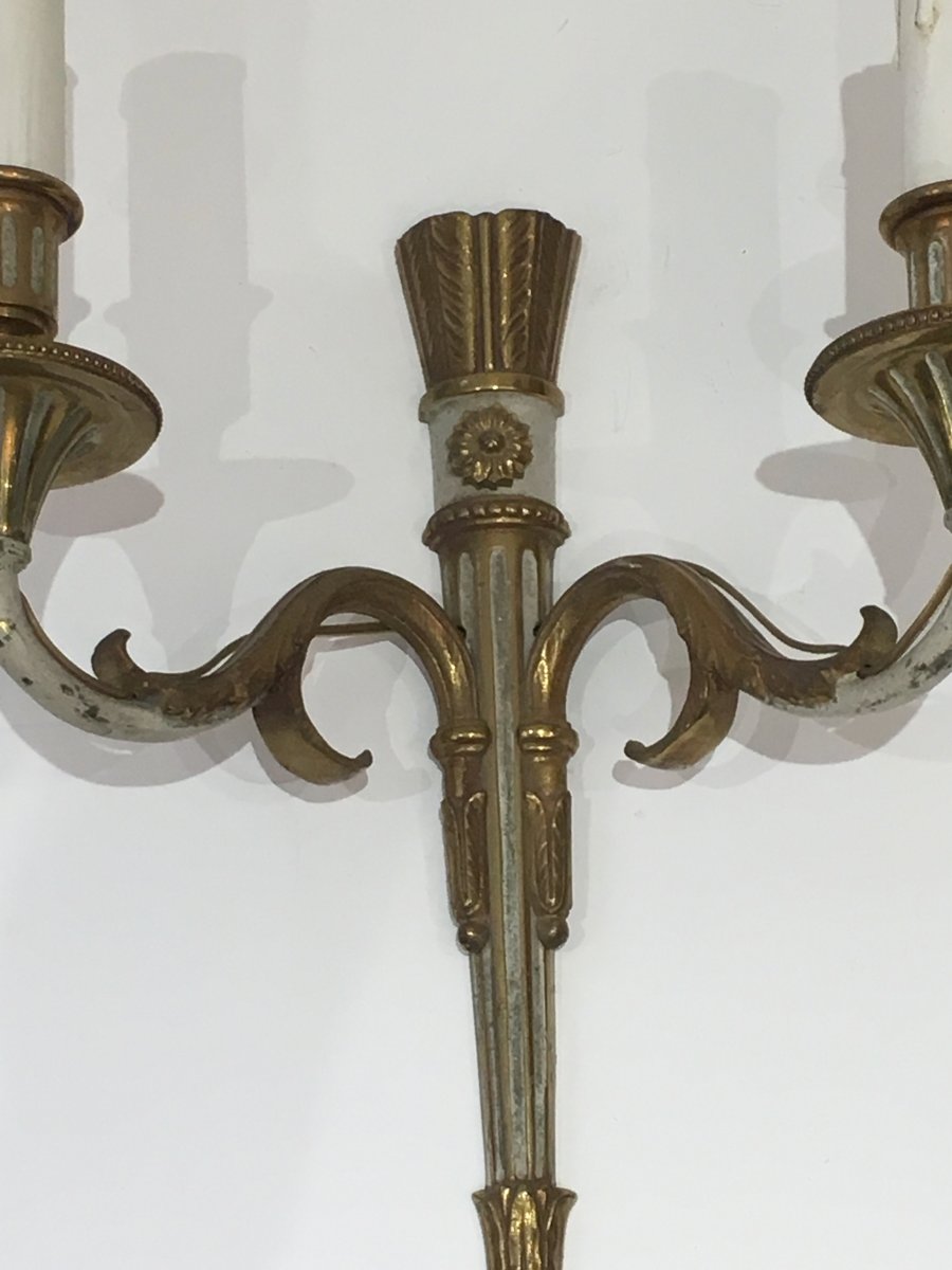 Pair Of Louis The 16th Bronze And White Painted Wall Sconces. French. Circa 1940-photo-1