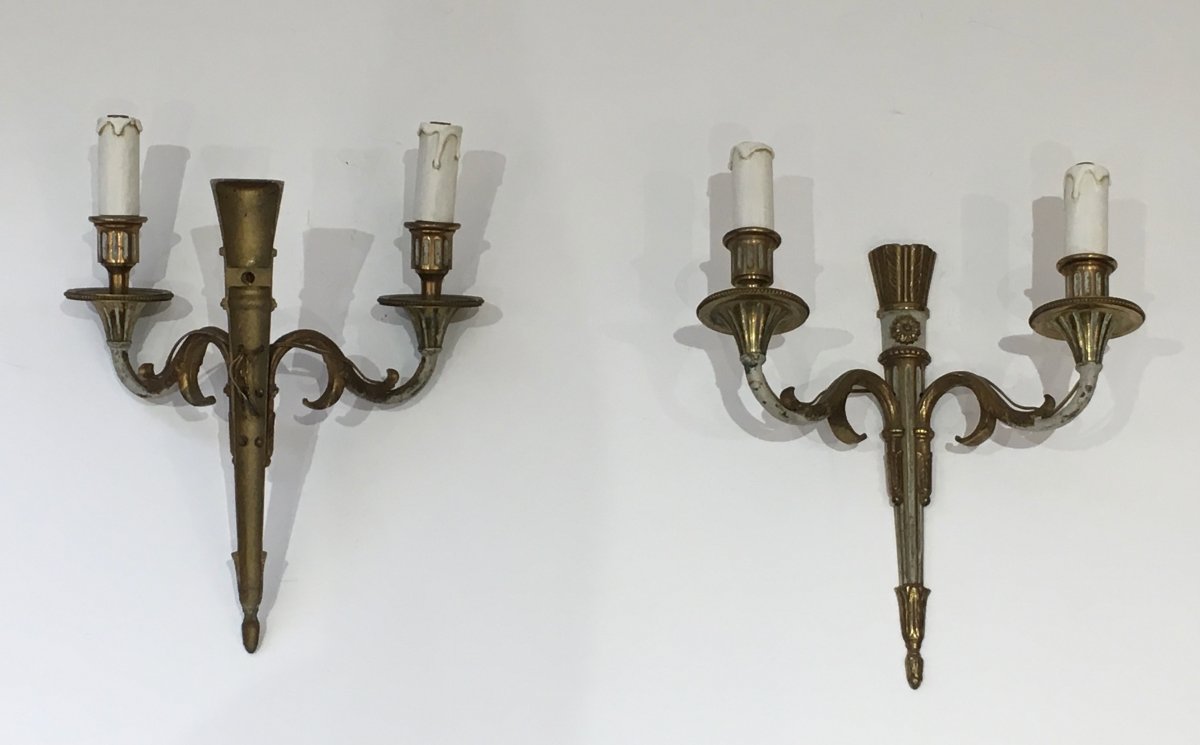 Pair Of Louis The 16th Bronze And White Painted Wall Sconces. French. Circa 1940-photo-8