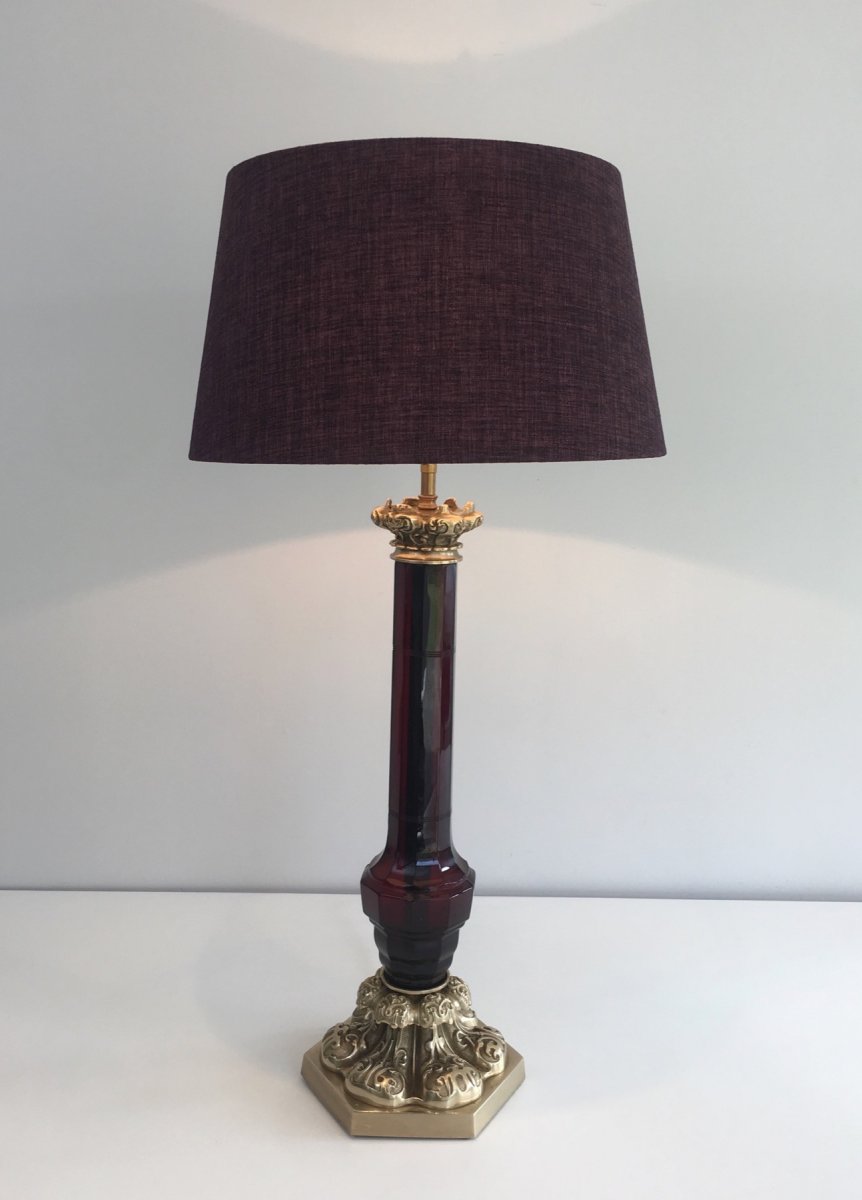 Attributed To Cristal & Bronze Paris. Tall Red Crystal And Chiseled Bronze Table Lamp. French. -photo-2