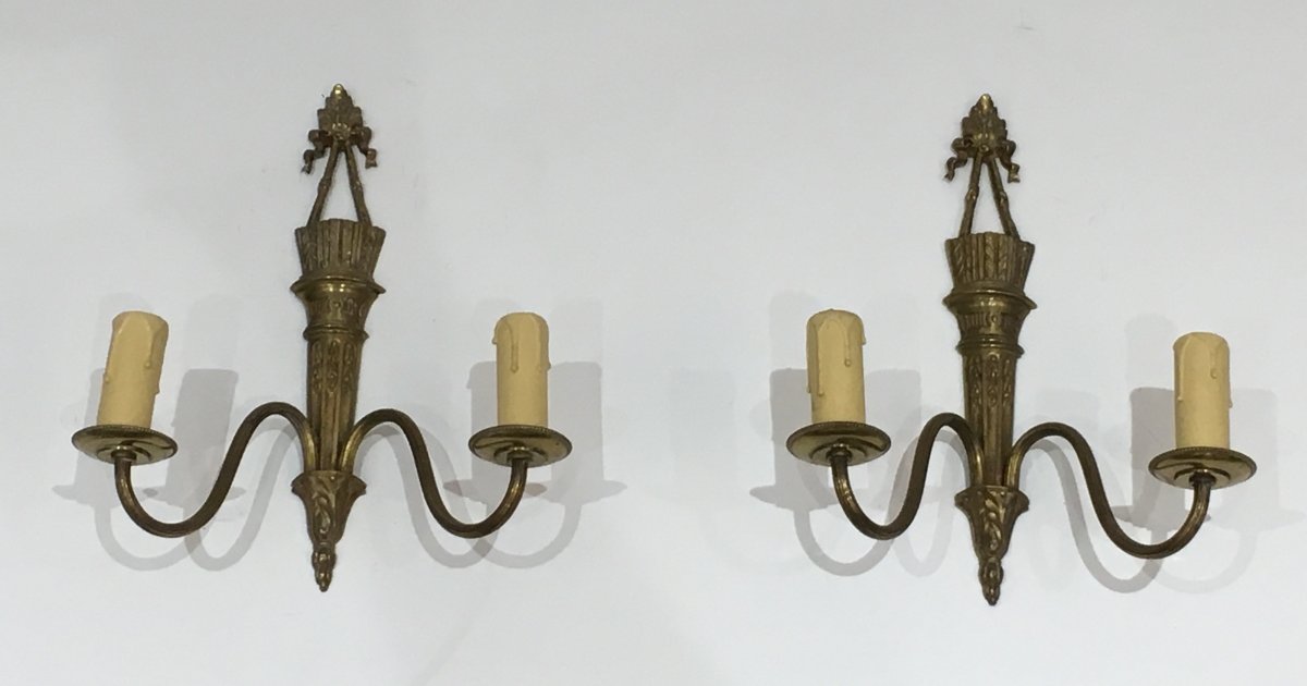 Pair Of Louis The 16th Style Bronze Wall Lights  With Quiver And Ribbons. French-photo-8