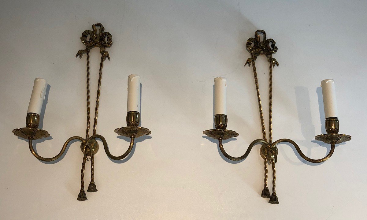 Pair Of Louis The 16th Style Bronze Wall Lights With Ribbons. French. Circa 1950-photo-8
