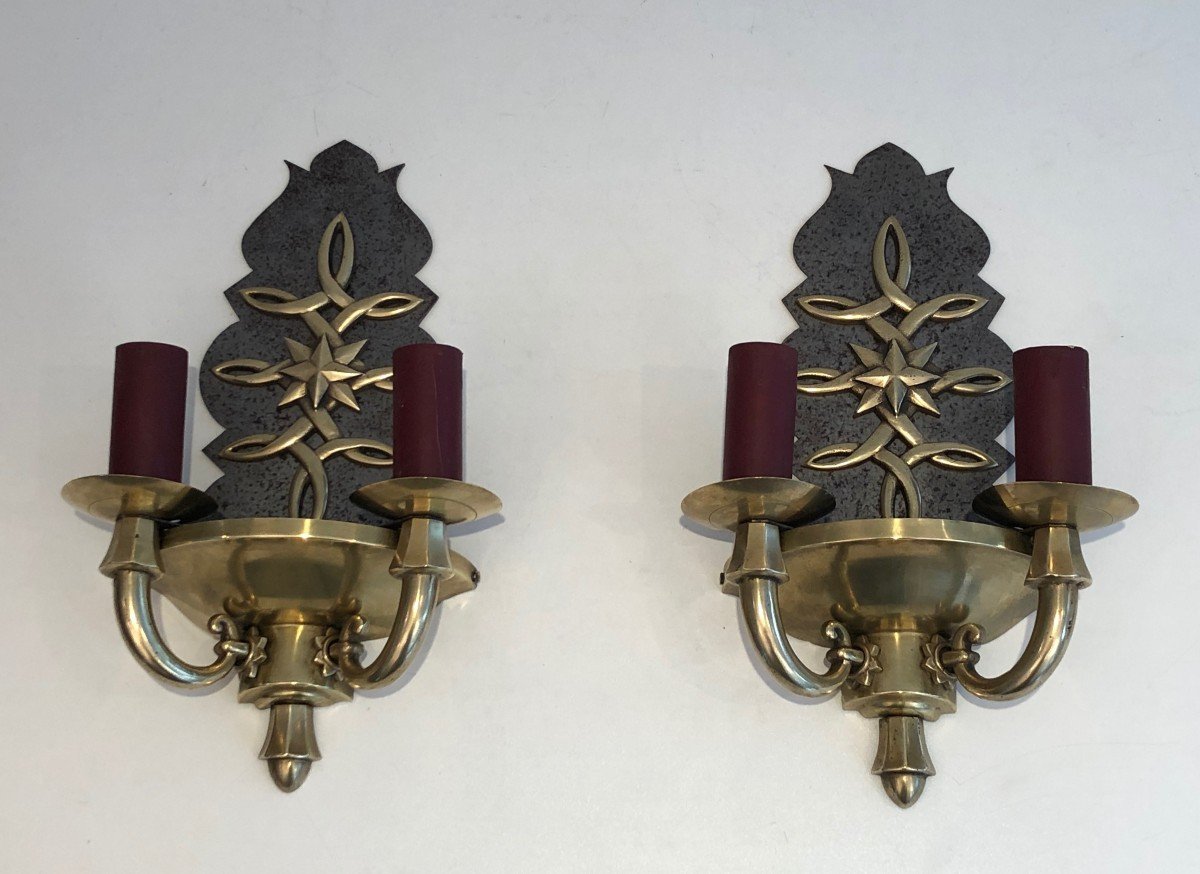 Pair Of Steel And Brass Art Deco Wall Lights. French Work,  In The Style Of Jules Leleu-photo-2