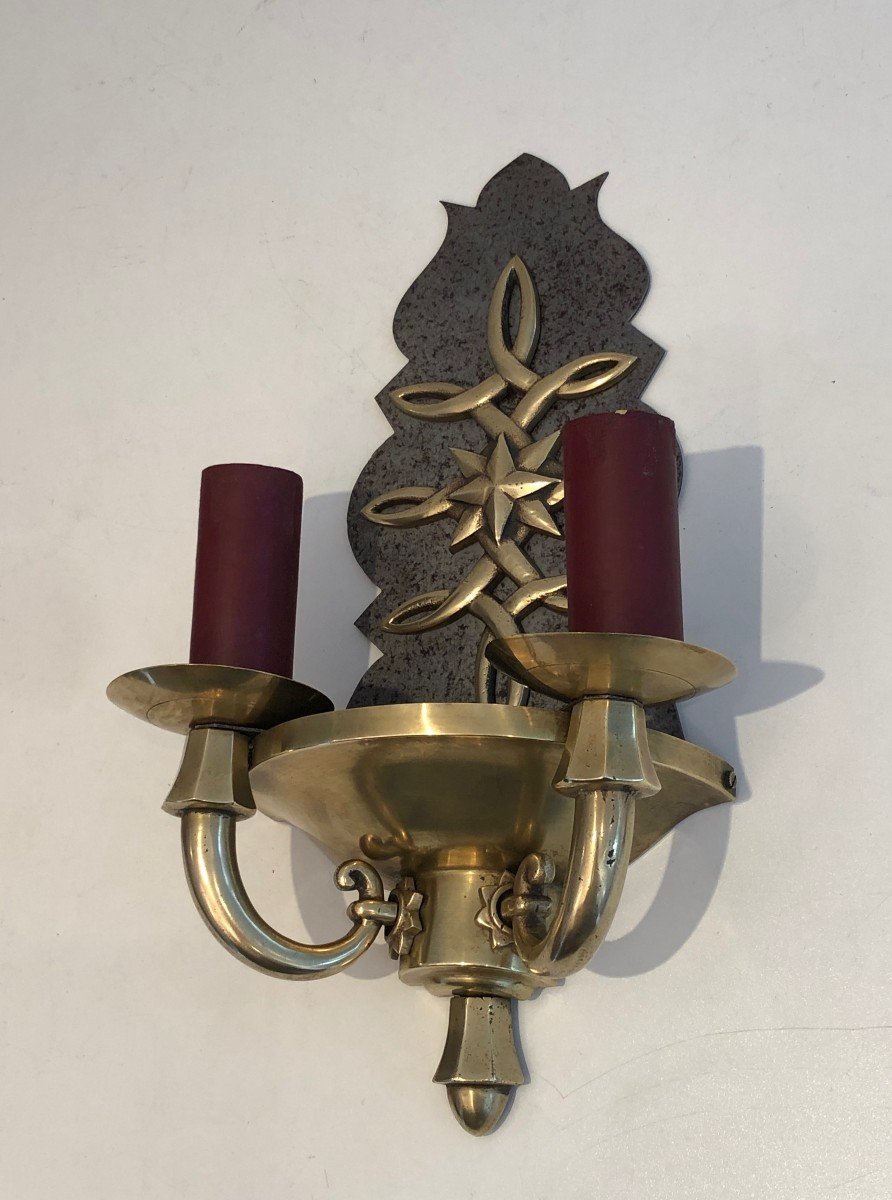 Pair Of Steel And Brass Art Deco Wall Lights. French Work,  In The Style Of Jules Leleu-photo-4