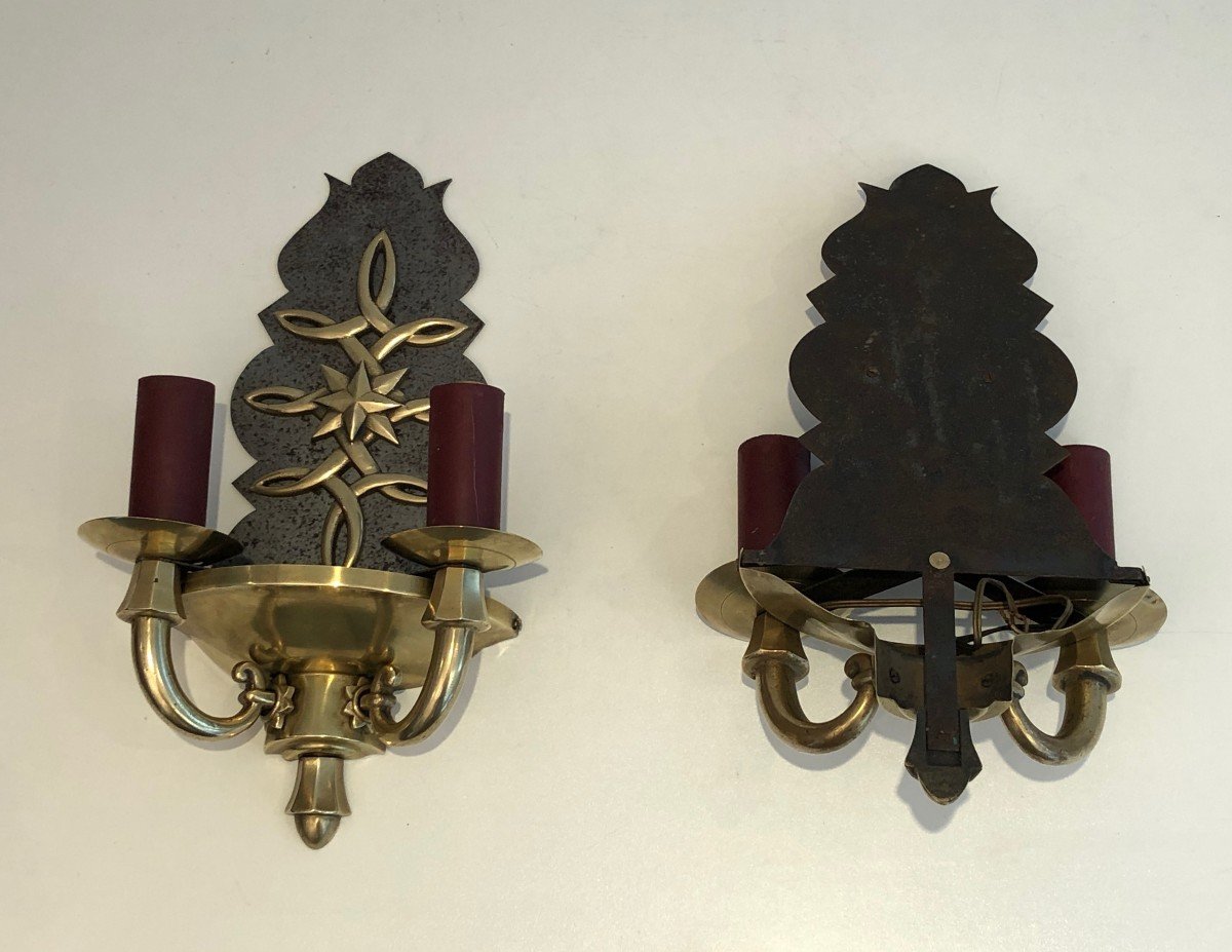 Pair Of Steel And Brass Art Deco Wall Lights. French Work,  In The Style Of Jules Leleu-photo-7