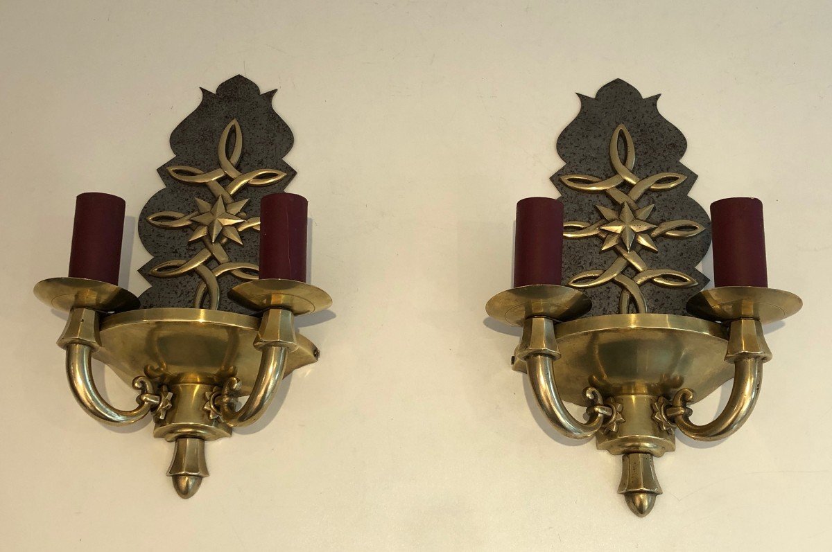 Pair Of Steel And Brass Art Deco Wall Lights. French Work,  In The Style Of Jules Leleu