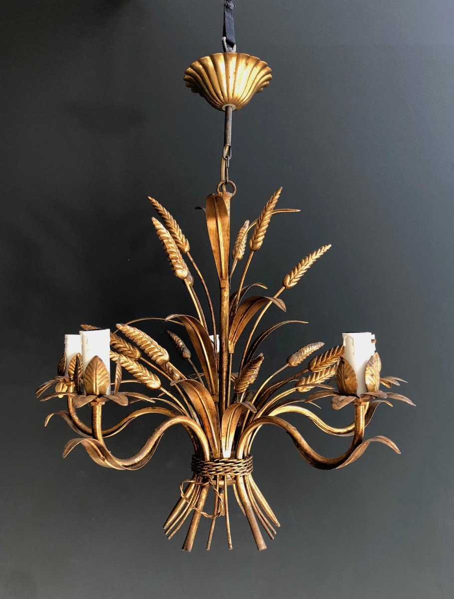 Coco Channel Wheat Gilt Metal Chandelier. French Work. Circa 1970-photo-2