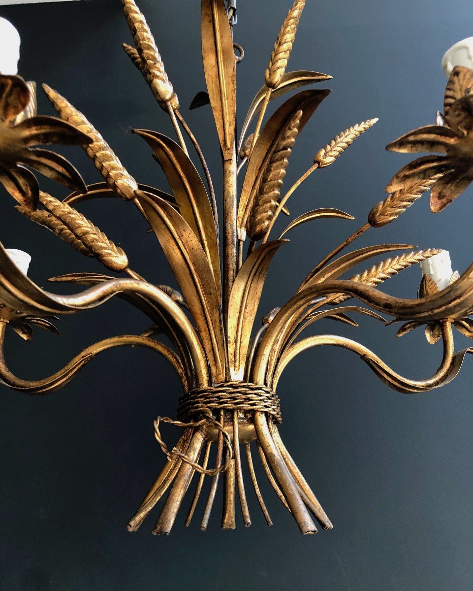 Coco Channel Wheat Gilt Metal Chandelier. French Work. Circa 1970-photo-3