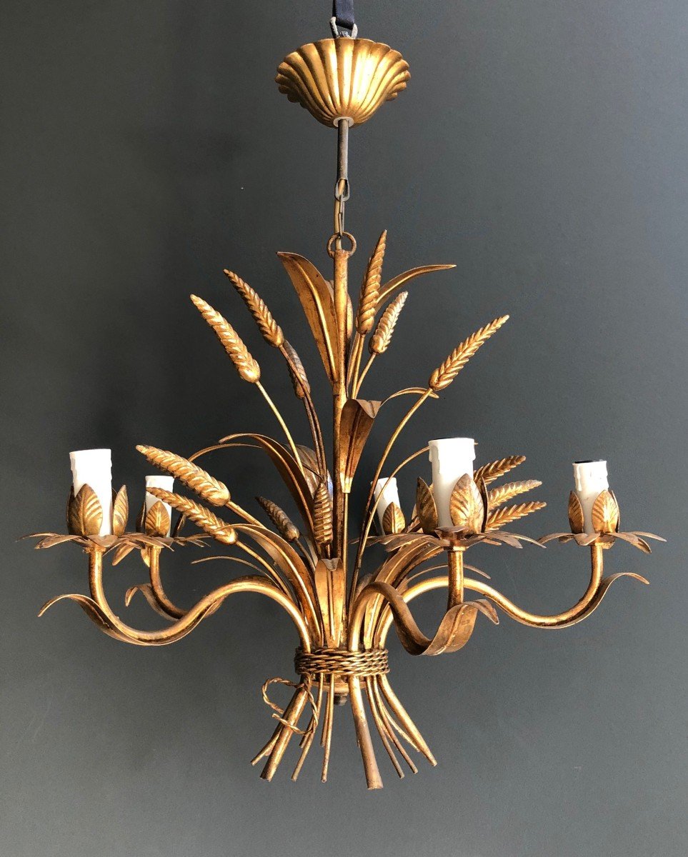 Coco Channel Wheat Gilt Metal Chandelier. French Work. Circa 1970-photo-8