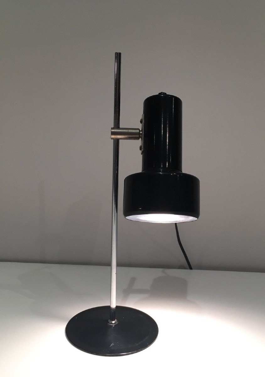 Lampe Réglable Et Orientable En Métal Laqué Noir Et Chrome. Travail Français. Vers 1970