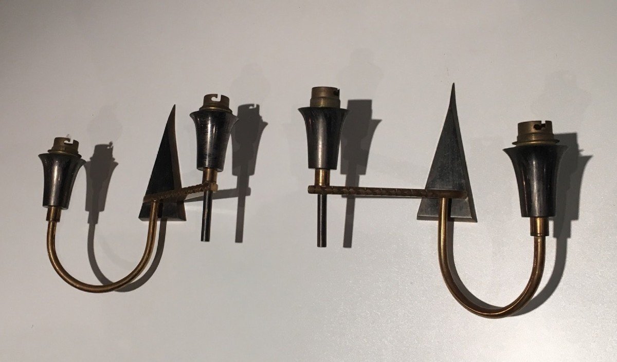Pair Of Brushed Steel And Brass Design Wall Lights. Circa 1970-photo-3