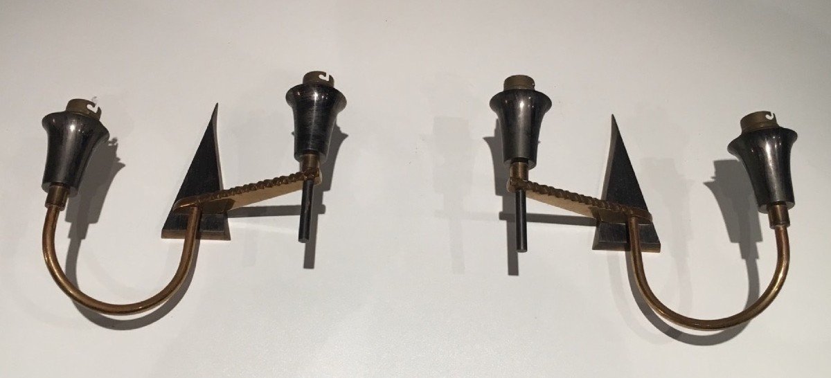 Pair Of Brushed Steel And Brass Design Wall Lights. Circa 1970-photo-6