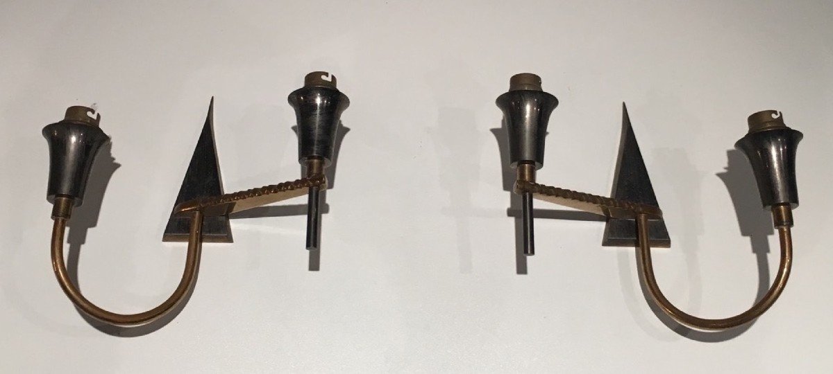 Pair Of Brushed Steel And Brass Design Wall Lights. Circa 1970-photo-7