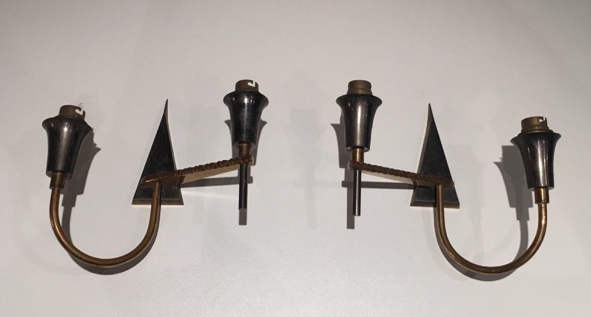 Pair Of Brushed Steel And Brass Design Wall Lights. Circa 1970