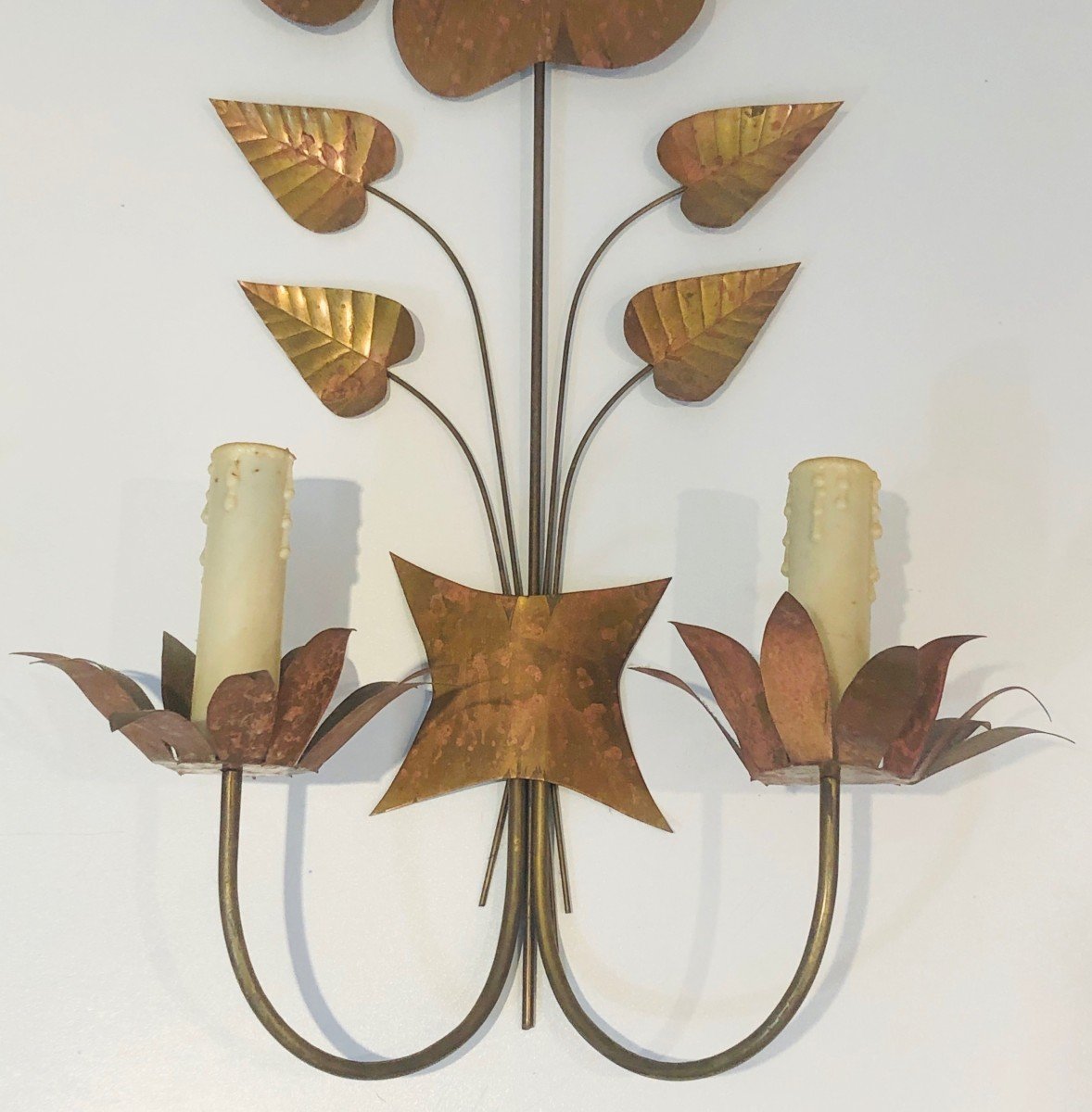 Important Pair Of Brass Flower Wall Lights. French Work. Circa 1970-photo-3