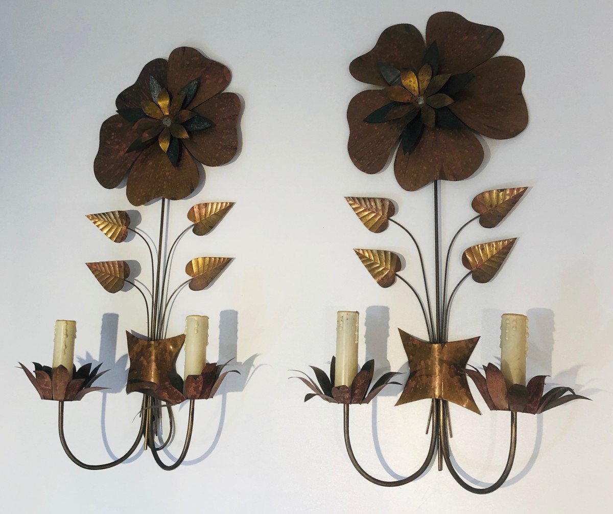 Important Pair Of Brass Flower Wall Lights. French Work. Circa 1970