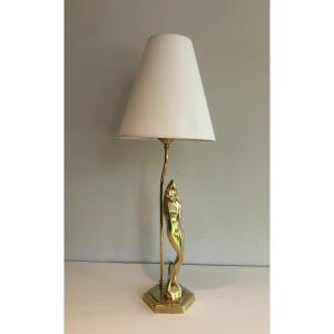 Brass Table Lamp Representing A Stylished Woman. French Work In The Art Deco Style. Circa 1970