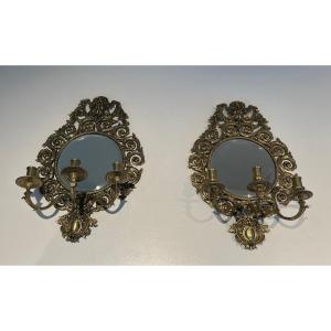 Large Pair Of 3 Arms Louis The 14th Chiseled Bronze Wall Lights With A Mirror On Its Center