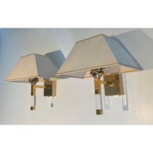 Pair Of Design Lucite And Gilt Wall Sconces. French Work. Circa 1970