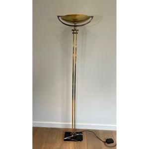 Steel And Brass Floor Lamp, Standing On A Black Marble Base