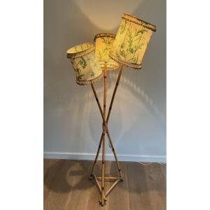 Bamboo And Rope 3 Lights Floor Lamp. French Work In The Style Of Audoux Minet. Circa 1970