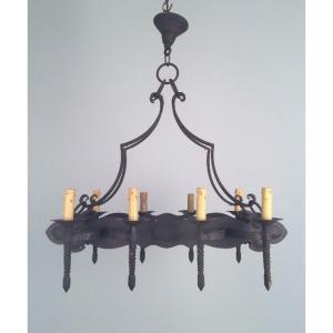 Neo-gothic 8 Lights Wrought Iron Chandelier. A Pair Is Available. French. Circa 1950