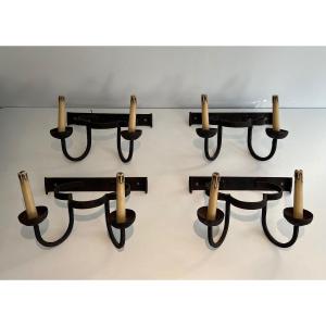 Set Of 4 Clover Wrought Iron Wall Lights. French Work. Circa 1950