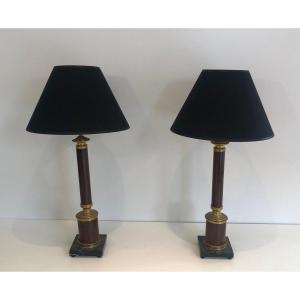 Pair Of Neoclassical Style Faux-bois Metal And Brass Table Lamps. French Work. Circa 1940