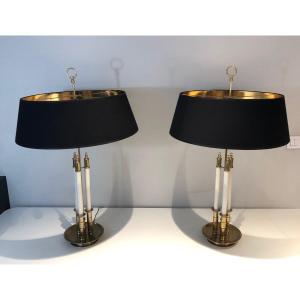 Pair Of Neoclassical Style Brass Adjustable Table Lamps With White Lacquered Tubes