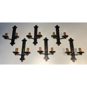 Suite Of Six Wrought Iron Sconces. French Work. Around 1950