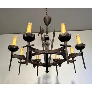 Rare Pair Of Gothic Style Wrought Iron Chandeliers With 8 Arms Of Light.