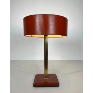 Lampe De Bureau En Cuir Rouge Et Laiton  Dans Le Goût De Jacques Adnet 