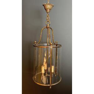 Important Neoclassical Style Round Brass And Glass Lantern. French Work. Circa 1970