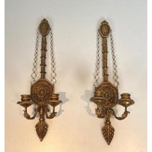 Important Pair Of Louis The 16th Style Gilded Carved Wood Wall Sconces With Crystal Garlands. 