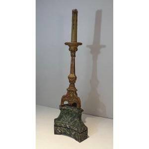 Tall Gilded Carved Wood Candelabra On A Patinated Base. French Work. Circa 1900