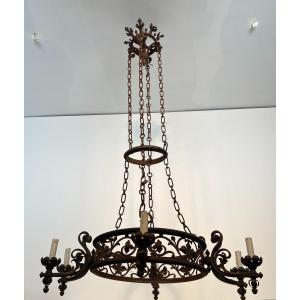 Important Wrought Iron Castle Chandelier With 6 Arms. French Work In The Gothic Style. C. 1900