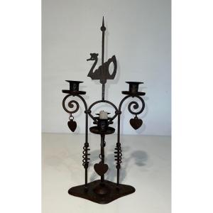 Two Lights Wrought Iron Candlestick Representing A Swan. French Work. Circa 1950