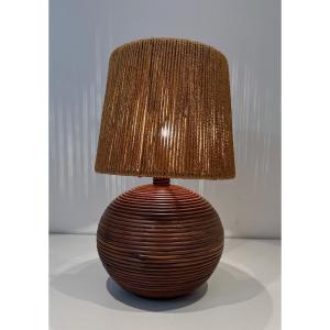 Round Rattan Lamp With Rope Shade. French Work In The Style Of Adrien Adoux And Frida Minet