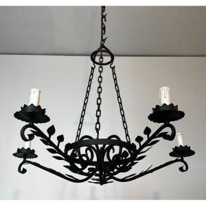 5 Arms Wrought Iron Chandelier With Leaves. French Work. Circa 1950