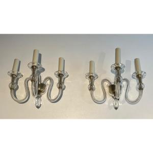 Pair Of Murano Crystal Wall Lights With 3 Lights. Italian Work. Circa 1940