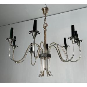Lustre de style néoclassique en métal argenté. Travail Français de la Maison Charles. Vers 1940