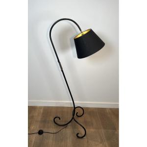 Lampadaire de Parquet Design en Métal Laqué Noir et Laiton. Travail Français 